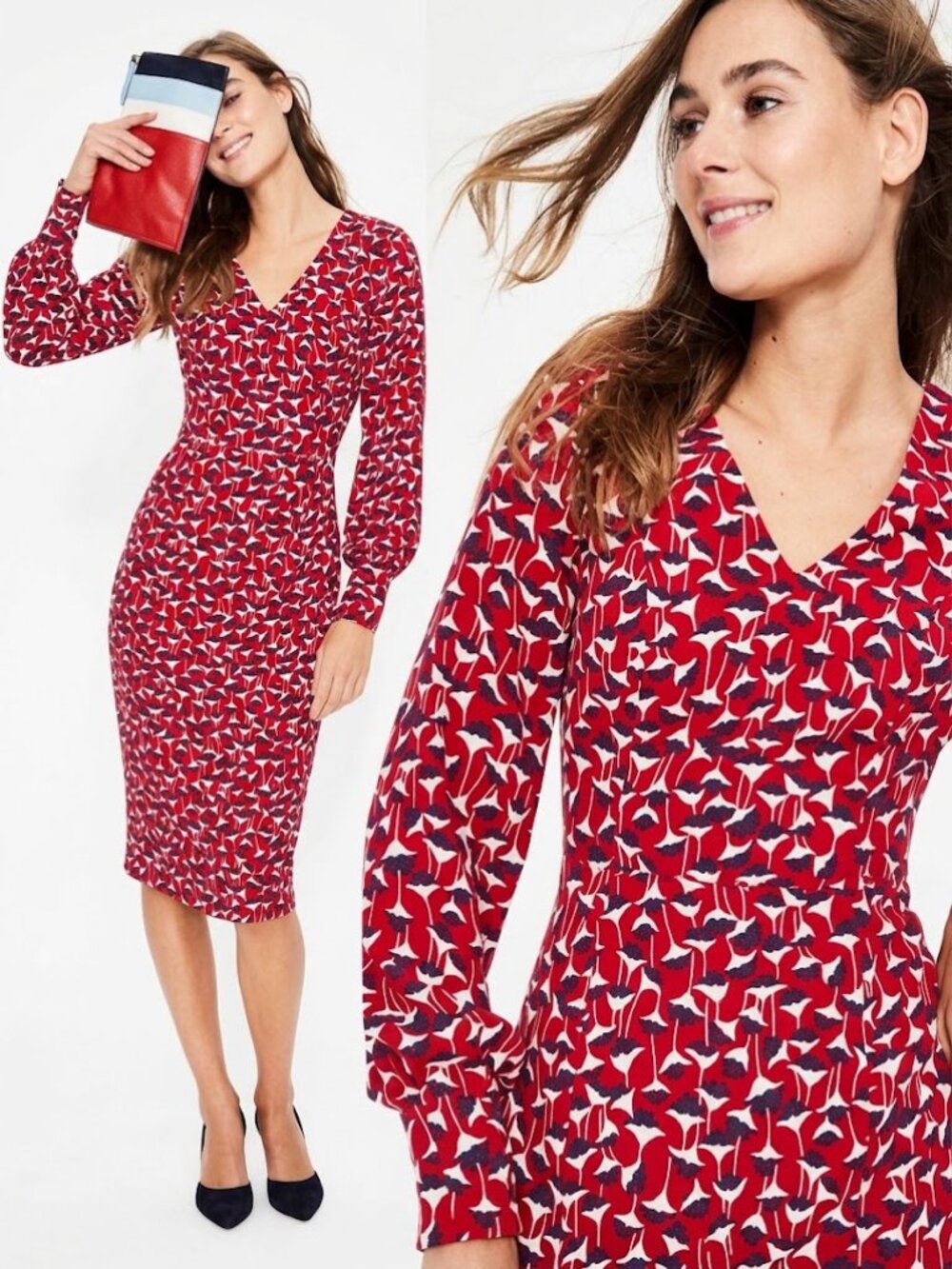 Hannah Red Floral V-neck Poinsettia Crocus Flower Midi Dress Size 10 NWT